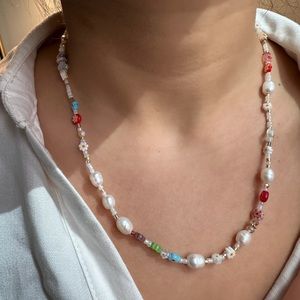 Handcrafted Millefiori Glass and Pearl Beaded Necklace